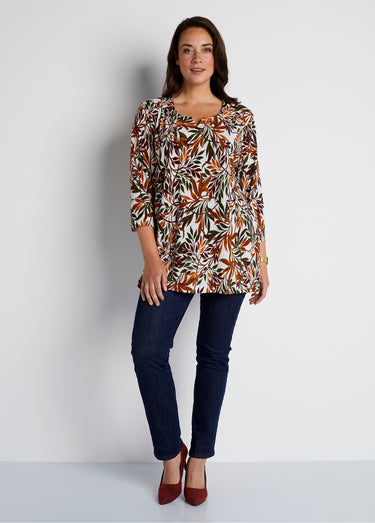 T-shirt long évasé manches 3/4 col rond Imprime Vert