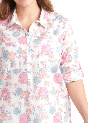 Chemisier boutonné long coton imprimé fleurs Imprime/Rose