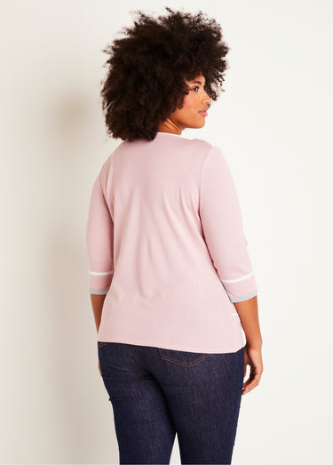 Pull manches 3/4 col bateau jacquard rayé devant Rose/Gris