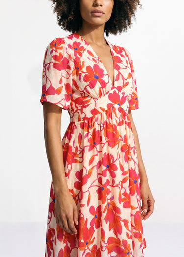 Robe élégante fleurie taille haute Rouge/Ecru