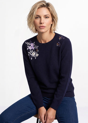 Pull doux uni brodé col rond manches longues Marine