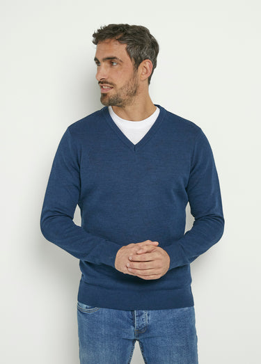 Pull jacquard col V chaud en laine mérinos Indigo
