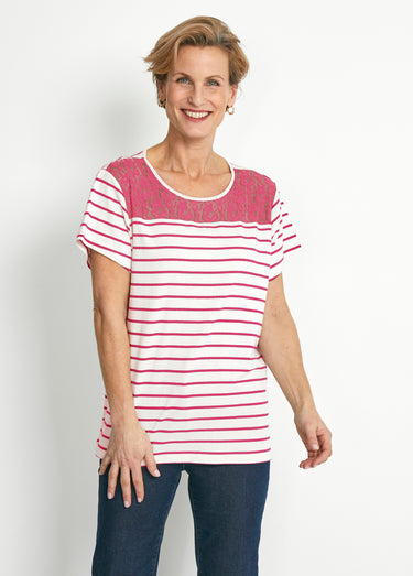 Tee-shirt rayé manches courtes dentelle Framboise/Ecru