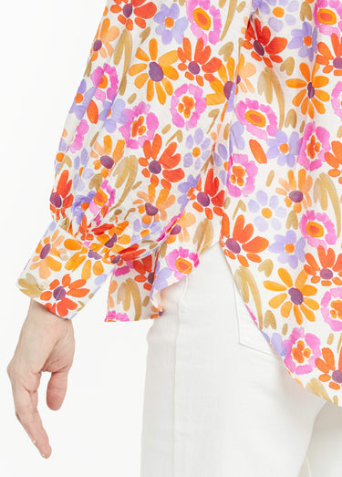 Chemisier fleuri pop, col volanté Orange/Violet