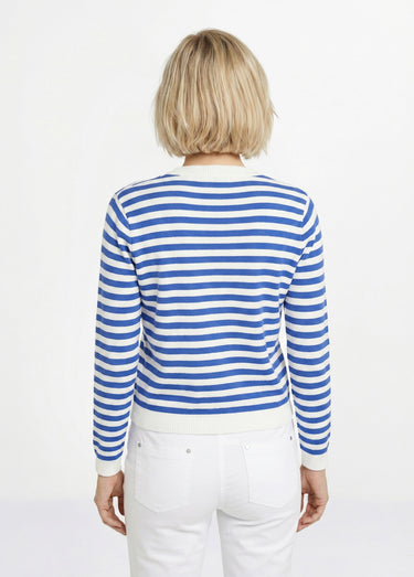 Gilet cardigan court col rond rayé boutonné Raye Bleu