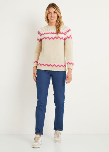 Pull doux  jacquard raglan col rond Beige Rose