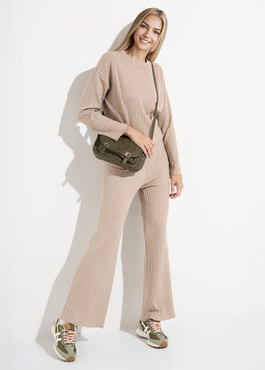 Pantalon confort, maille cotes plates Beige