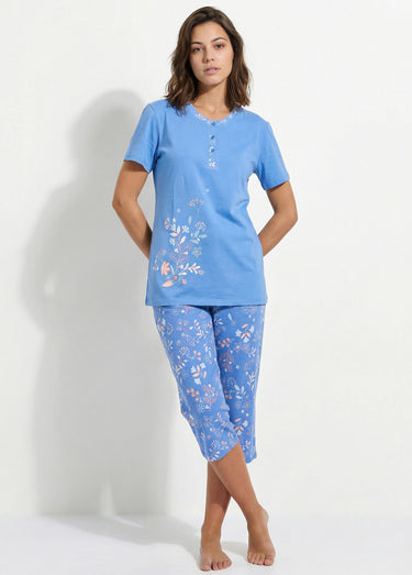 Pyjama fleuri manches courtes et corsaire Bleu