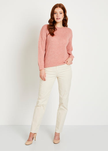 Pull court ample col rond grosse maille Rose Poudre