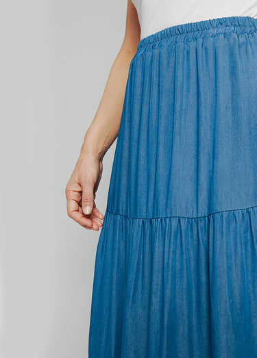 Jupe volantée  tissu viscose fluide Bleu Jean