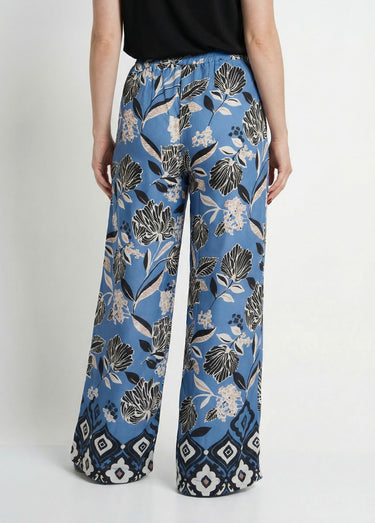 Pantalon satiné, motif fleurs d'Orient Bleu Imprime