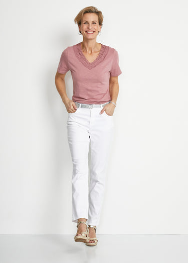 T-shirt manches courtes coton et macramé Rose