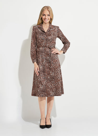 Robe mi longue col tailleur imprimé léopard Marron