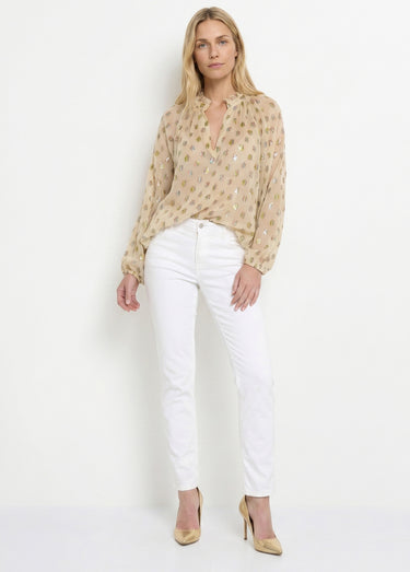 Blouse voile motifs métallisés encolure V Ecru