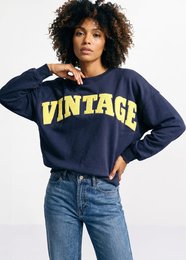 Sweat-shirt col rond inscription Vintage Marine/jaune
