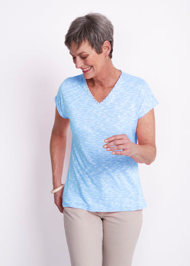 T-shirt col V fluo en maille flammée Bleu