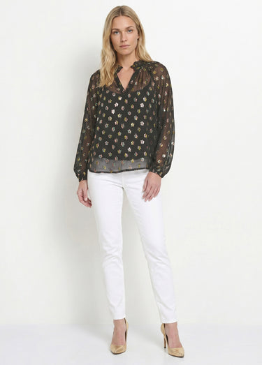 Blouse voile motifs métallisés encolure V Noir