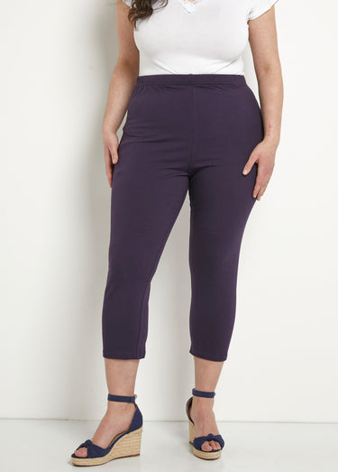 Legging court taille élastiquée coton Uni Prune