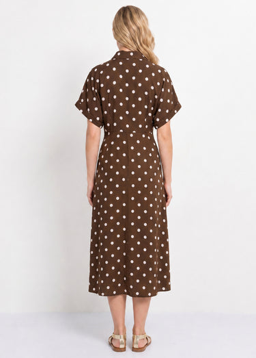 Robe longue à pois, manches courtes Chocolat/écru