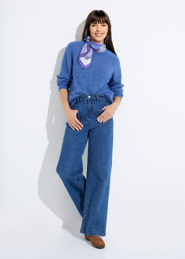 Pull doux maille ajourée fibres recyclées et laine Bleu