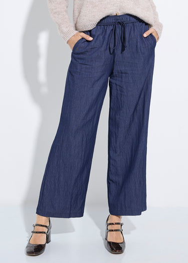 Pantalon fluide élastiqué twill uni Bleu
