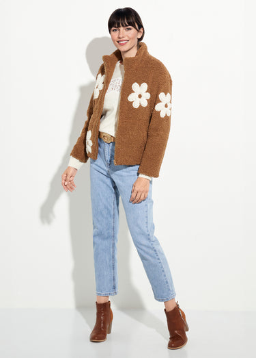 Blouson col montant motif grosses fleurs Camel