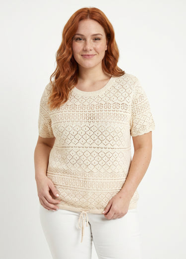 Pull manches courtes blousant ajouré col rond Ficelle