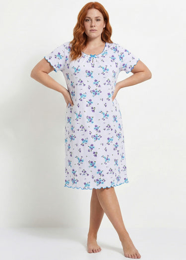 Chemise de nuit coton manches courtes Turquoise/Parme