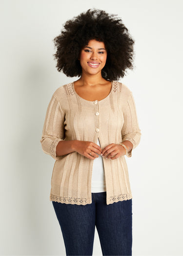 Cardigan boutonnée long ajouré Ficelle