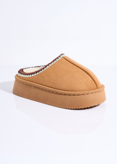 Mules suédine compensées, galon brodé Camel