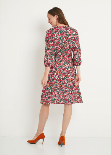 Robe courte évasée fleurie col V boutonné Rose/Vert