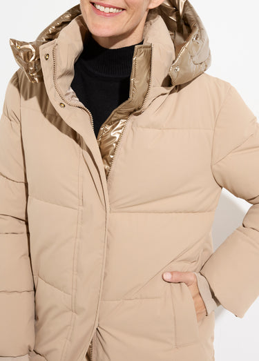 Doudoune longue capuche métallisée Beige