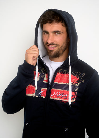 Sweat à capuche zippé poche kangourou Marine / Blanc