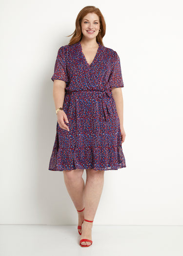Robe cache-coeur volanté voile imprimé graphique Marine/Rouge