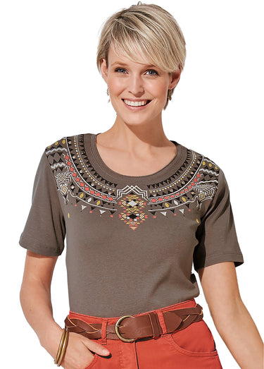 T-shirt manches courtes col motif clouté Taupe