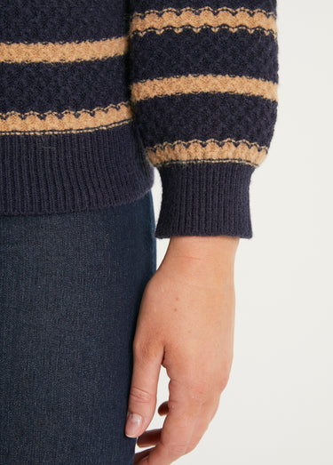 Pull doux rayé col rond maille fantaisie Marine/Camel