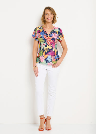 T-shirt ample col V imprimé feuilles manches courtes Marine/Rose