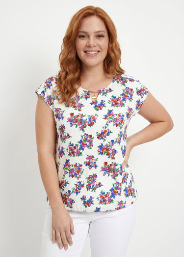 T-shirt blousant col bijou fleuri Fond Blanc