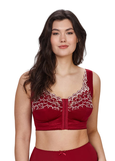 Soutien gorge dentelle fleur, ouvert devant Carmin