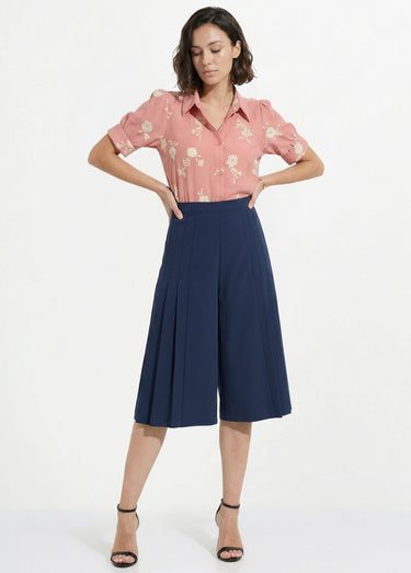 Jupe-culotte ample longue ceinture semi élastiquée Marine