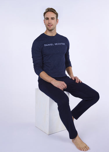 Pyjama long 2 pièces coton logo placé Marine