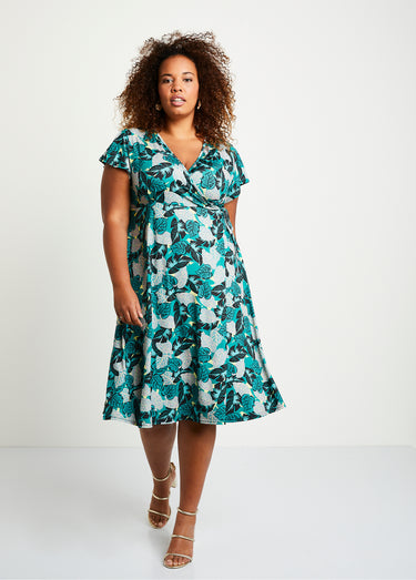 Robe courte cache-coeur motif végétal Vert/Rose