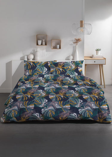 Parure pur coton 240 x 220cm, Feuillage Bleu turquoise
