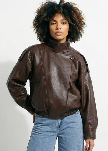 Blouson simili cuir inspiration vintage Marron