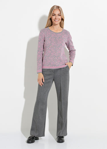 Pull jacquard col rond manches longues Rose/Gris