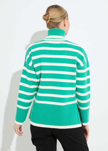 Pull col roulé manches longues descendues Raye Vert