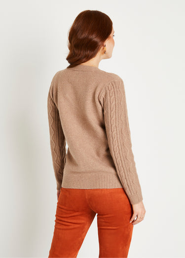 Gilet court boutonné col V maille torsades Taupe