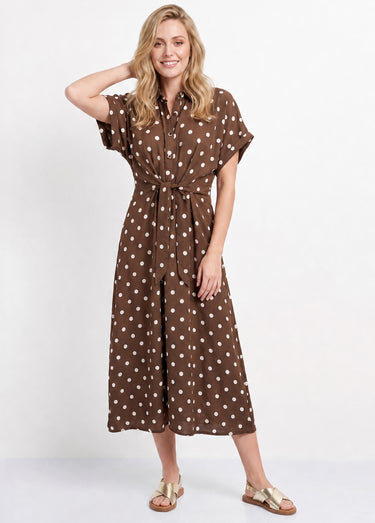 Robe longue à pois, manches courtes Chocolat/écru
