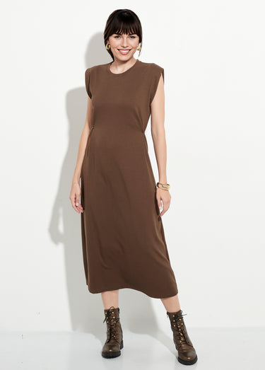 Robe T-shirt longue unie col rond Marron