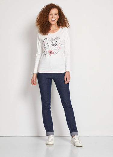 T-shirt court col rond motif brillant Ecru